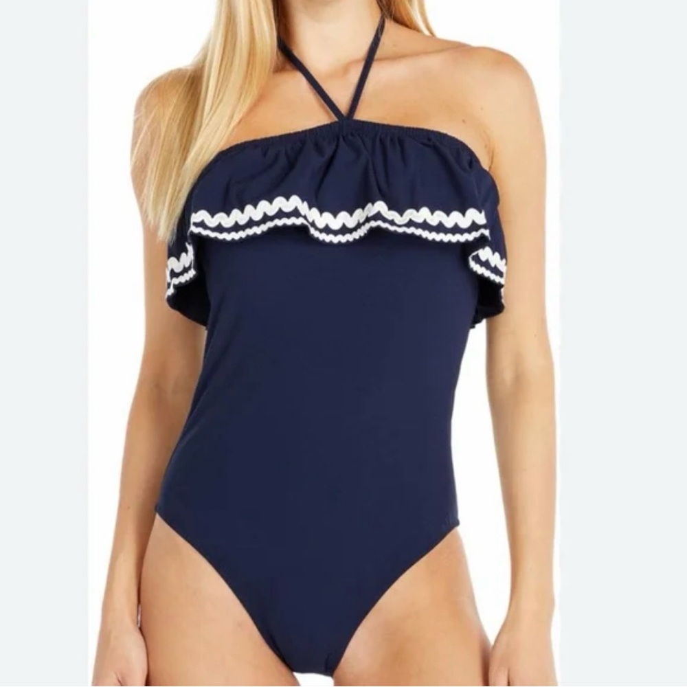 J. Crew Navy Blue One-Piece Swimsuit with White Ruffle Trim